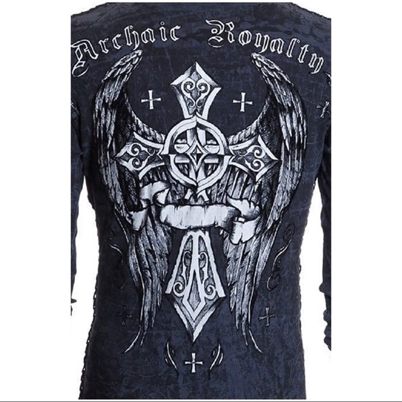 Archaic by Affliction Men's Thermal Shirt COUNTDOWN Wings Skull Biker Charcoal - Picture 6 of 6
